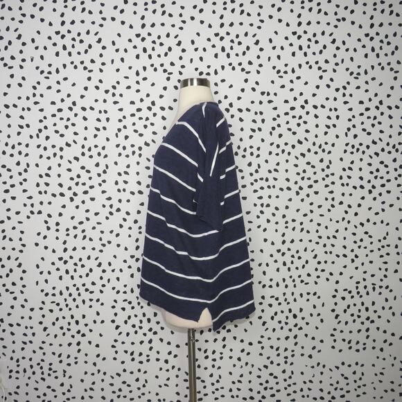 Eileen Fisher Navy Blue Striped Linen Blend Relaxed Fit V-Neck Top - Picture 5 of 9
